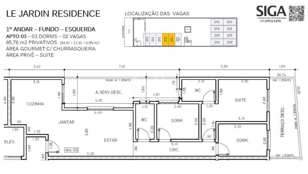 PLANTA UNID 3 de Apartamento à venda, Padrão com 85 m², 3 quartos e 2 vagas em Jardim - Santo André