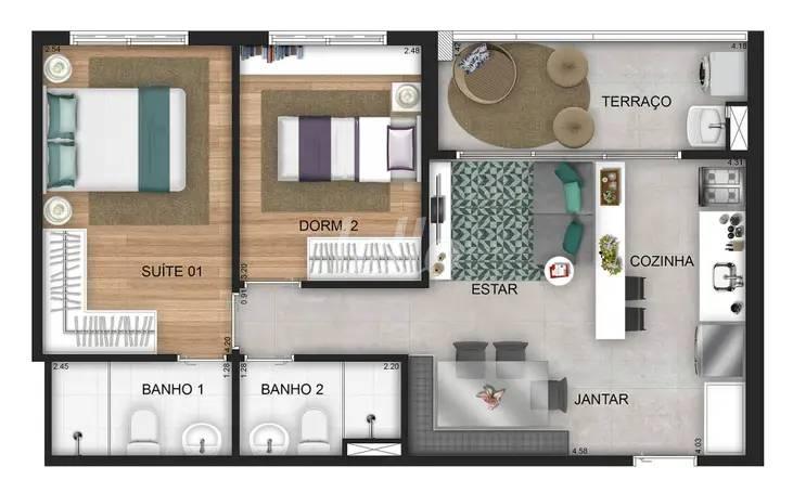PLANTA de Apartamento à venda, Padrão com 57 m², 2 quartos e 1 vaga em Chácara Inglesa - São Paulo